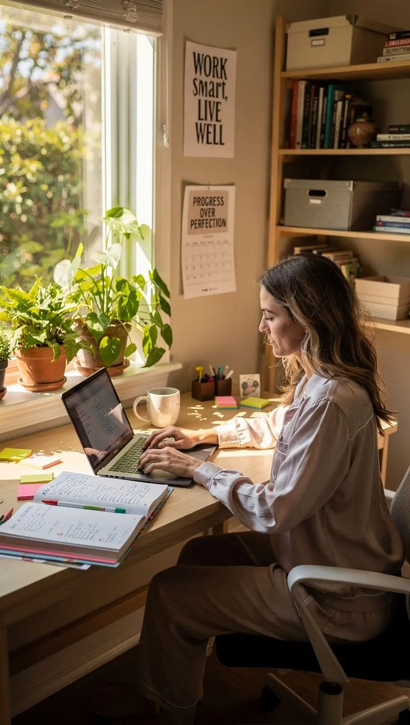 Professional workspace with dual monitors displaying workflow charts and task management software.