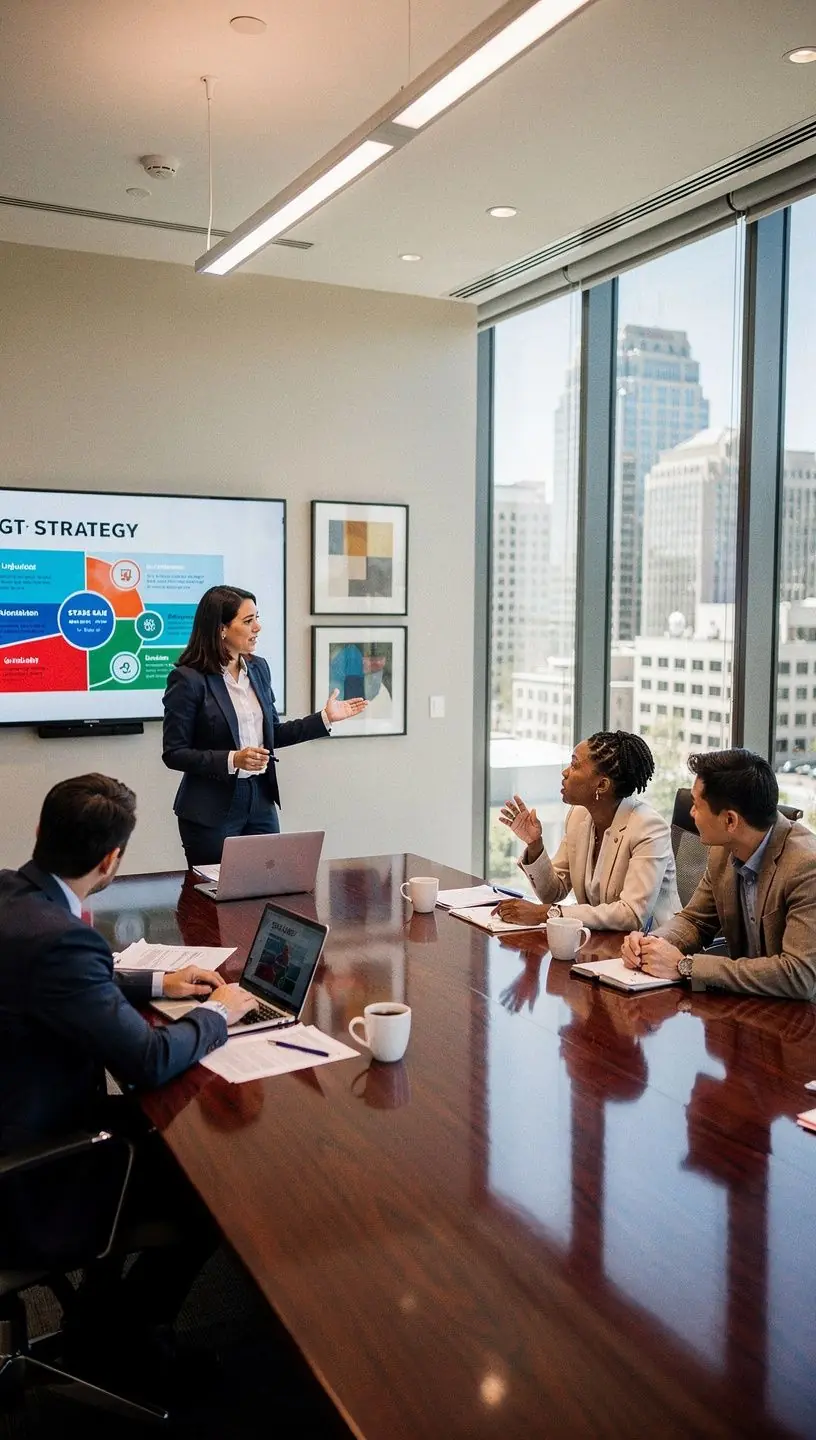 Team of professionals collaborating around a table with laptops and digital devices for project planning.
